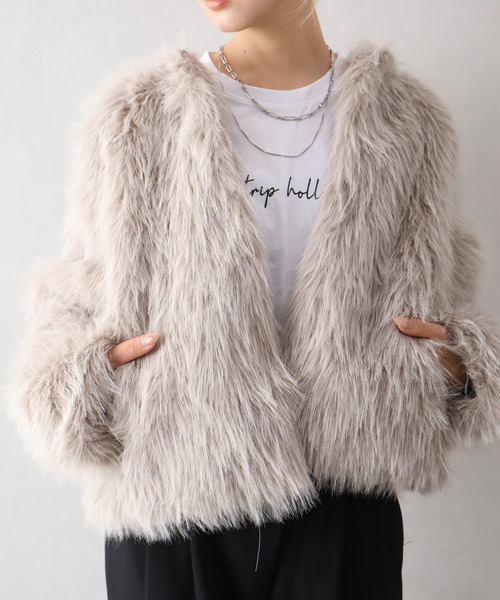 SpRay（スプレイ）の「ロングフォックスノーカラージャケット（ノーカラージャケット・レディース・チャコールグレー/アイボリー/グレイッシュベージュ・FREE）」の9枚目の写真