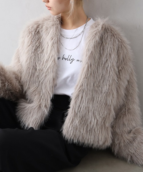 SpRay（スプレイ）の「ロングフォックスノーカラージャケット（ノーカラージャケット・レディース・チャコールグレー/アイボリー/グレイッシュベージュ・FREE）」の10枚目の写真