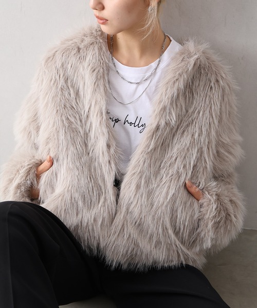 SpRay（スプレイ）の「ロングフォックスノーカラージャケット（ノーカラージャケット・レディース・チャコールグレー/アイボリー/グレイッシュベージュ・FREE）」の11枚目の写真