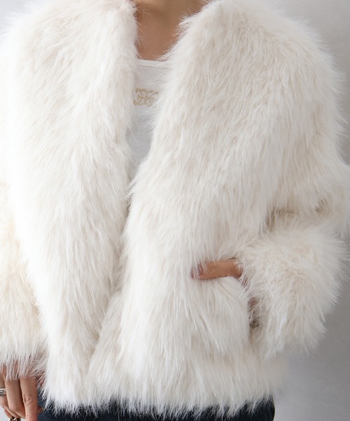 SpRay（スプレイ）の「ロングフォックスノーカラージャケット（ノーカラージャケット・レディース・チャコールグレー/アイボリー/グレイッシュベージュ・FREE）」の13枚目の写真