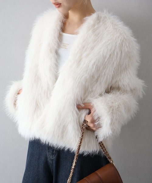 SpRay（スプレイ）の「ロングフォックスノーカラージャケット（ノーカラージャケット・レディース・チャコールグレー/アイボリー/グレイッシュベージュ・FREE）」の14枚目の写真