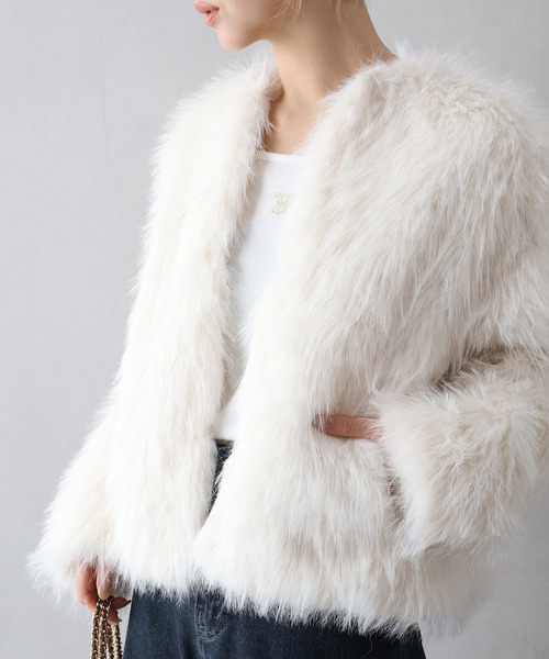 SpRay（スプレイ）の「ロングフォックスノーカラージャケット（ノーカラージャケット・レディース・チャコールグレー/アイボリー/グレイッシュベージュ・FREE）」の16枚目の写真