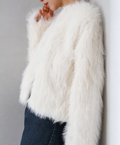 SpRay（スプレイ）の「ロングフォックスノーカラージャケット（ノーカラージャケット・レディース・チャコールグレー/アイボリー/グレイッシュベージュ・FREE）」の19枚目の写真