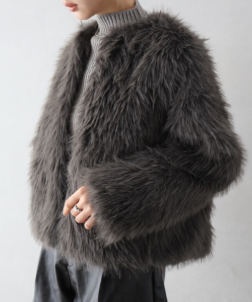 SpRay（スプレイ）の「ロングフォックスノーカラージャケット（ノーカラージャケット・レディース・チャコールグレー/アイボリー/グレイッシュベージュ・FREE）」の20枚目の写真