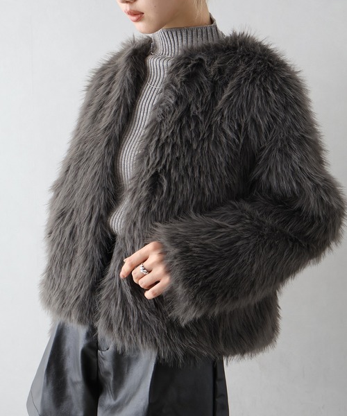 SpRay（スプレイ）の「ロングフォックスノーカラージャケット（ノーカラージャケット・レディース・チャコールグレー/アイボリー/グレイッシュベージュ・FREE）」の21枚目の写真