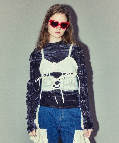 Candy Stripper（キャンディストリッパー）の「ROSE LACE UP KNIT ビスチェ（その他トップス・レディース・オフホワイト/ピンク/ブラック・FREE）」の6枚目の写真