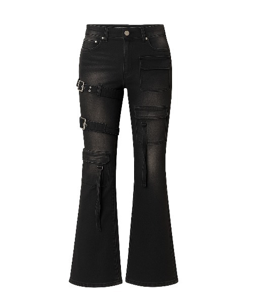 tinkerend（ティンカーエンド）の「Belted Cargo Vintage Flared Denim / ベルト付きカーゴヴィンテージフレアデニム（デニムパンツ・レディース・ブラック/ブルー・2/1）」の2枚目の写真