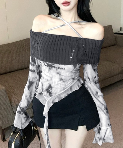Riff(リフ)の「タイダイ柄オフショルトップス(Tシャツ/カットソー・レディース・グレー/モカ・FREE)」の3枚目の写真