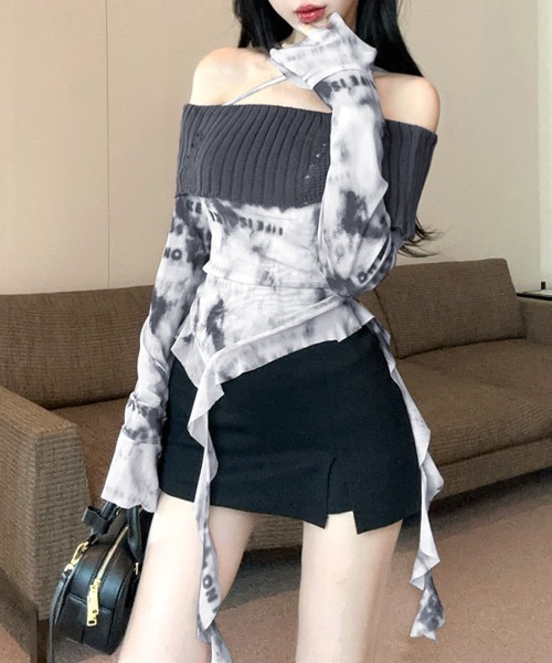 Riff(リフ)の「タイダイ柄オフショルトップス(Tシャツ/カットソー・レディース・グレー/モカ・FREE)」の4枚目の写真
