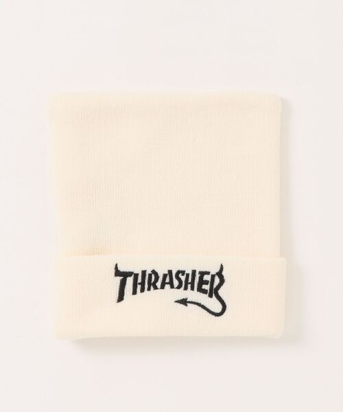 THRASHER(スラッシャー)の「Devil Tail Logo KIDS SQUARE KNIT CAP BEANIE/THRASHER スラッシャー スクエアニットキャップ ビーニー 刺繍 ロゴ ストリート スケーター(ニットキャップ/ビーニー・キッズ・ホワイト/ブラック・FREE)」の1枚目の写真