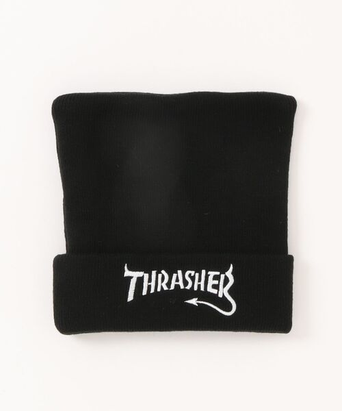 THRASHER(スラッシャー)の「Devil Tail Logo KIDS SQUARE KNIT CAP BEANIE/THRASHER スラッシャー スクエアニットキャップ ビーニー 刺繍 ロゴ ストリート スケーター(ニットキャップ/ビーニー・キッズ・ホワイト/ブラック・FREE)」の2枚目の写真