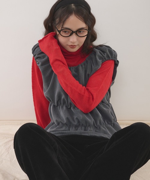 MUHET(ミュエータ)の「herringbone docking gather top / ヘリンボーンドッキングギャザートップス(ニット/セーター・レディース・ネイビー/ブラウン/チャコールグレー・FREE)」の21枚目の写真