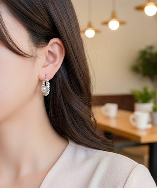 Burner(バーナー)の「【Sonu jewelry(ソヌジュエリー)】上品パール調ビジュー フープピアス oku-pierce-9-4【RBTS】(ピアス(両耳用)・レディース・シルバー・FREE)」の2枚目の写真