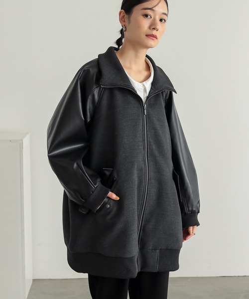 n'OrLABEL(ノアールレーベル)の「ハイネックレザー切替ロングブルゾン(ブルゾン・レディース・チャコールグレー/ブラック・FREE)」の4枚目の写真