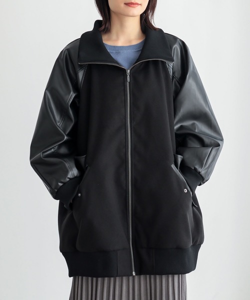 n'OrLABEL(ノアールレーベル)の「ハイネックレザー切替ロングブルゾン(ブルゾン・レディース・チャコールグレー/ブラック・FREE)」の3枚目の写真