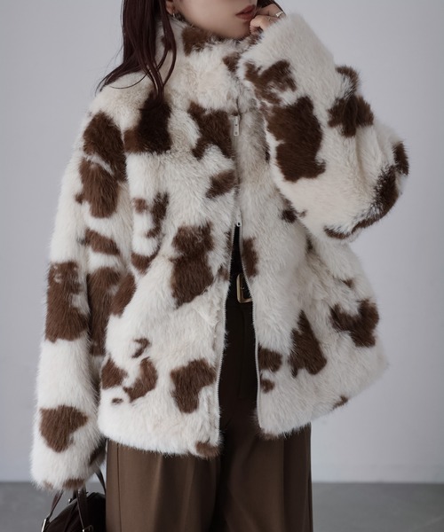 セール】スタンドネックカウ柄ファーブルゾン（ブルゾン）｜Riberry