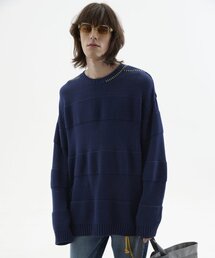 HYII（ハイトゥ）の「[ユニセックス] 手刺繍ストライプニットセーター ブルー（ニット/セーター）」