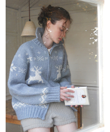 Deer Zip-Up Cardigan, Greyish Blue