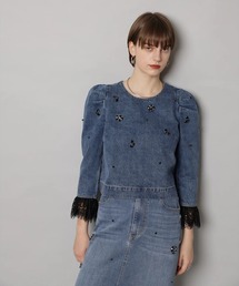 新品今期カデュネ　CADUNE ネイビー リボン付き 長袖シャツ 中古・古着通販】CADUNE (カデュネ) アンサンブルリブ ニット切替