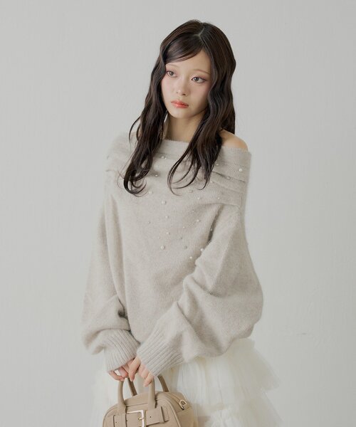 Chico オフショニット 白 Chico（チコ） ニット セーター オフショルレースヘンリーニット