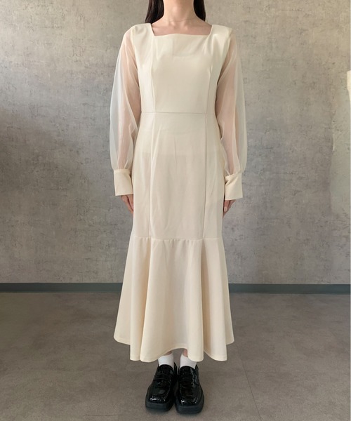 Maison Calme(メゾンカルム)の「【26年春夏新作】マーメイドラインシアーボリューム袖スクエアネックロングワンピース 結婚式 お呼ばれ パーティー(ワンピース・レディース・ベージュ/その他/ブラック・M/L)」の7枚目の写真