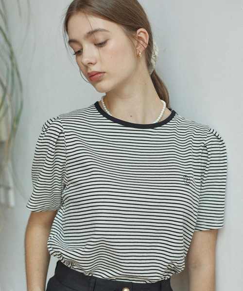 NONLOCAL(ノンローカル)の「Stripe Puff Sleeve T-shirt - Cream Stripe(Tシャツ/カットソー・レディース・その他・FREE)」の1枚目の写真