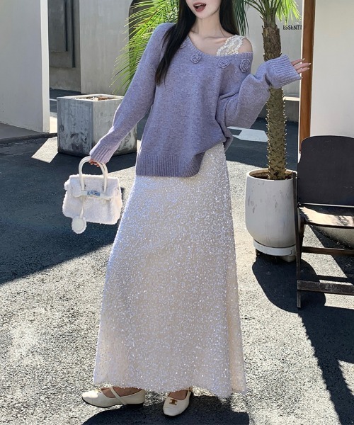 ONEP STAR(ワンピスター)の「スパンコールデザインフレアスカート(スカート・レディース・ブラック/ベージュ・LARGE/MEDIUM)」の15枚目の写真