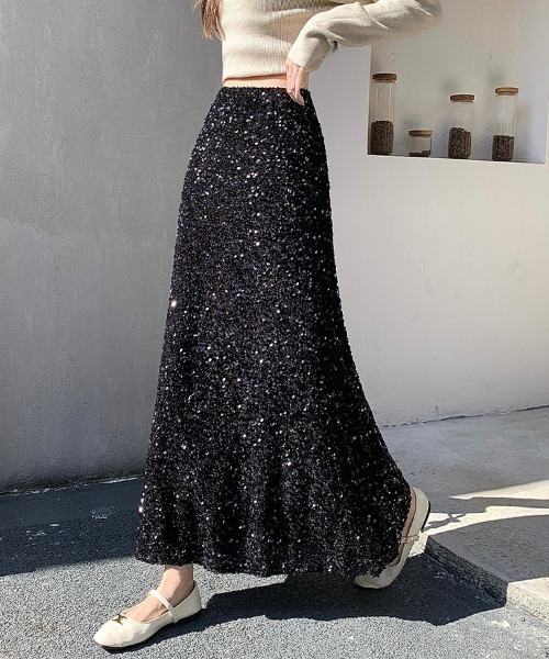 ONEP STAR(ワンピスター)の「スパンコールデザインフレアスカート(スカート・レディース・ブラック/ベージュ・LARGE/MEDIUM)」の16枚目の写真