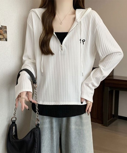 SallyLunn(サリーラン)の「リブフード ハーフジッププルオーバー(パーカー・レディース・ホワイト/ブラック・LARGE/MEDIUM)」の3枚目の写真