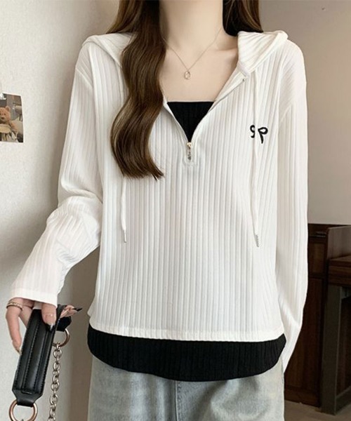 SallyLunn(サリーラン)の「リブフード ハーフジッププルオーバー(パーカー・レディース・ホワイト/ブラック・LARGE/MEDIUM)」の4枚目の写真