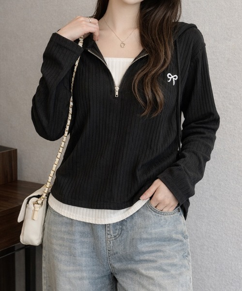 SallyLunn(サリーラン)の「リブフード ハーフジッププルオーバー(パーカー・レディース・ホワイト/ブラック・LARGE/MEDIUM)」の11枚目の写真