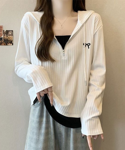 SallyLunn(サリーラン)の「リブフード ハーフジッププルオーバー(パーカー・レディース・ホワイト/ブラック・LARGE/MEDIUM)」の6枚目の写真