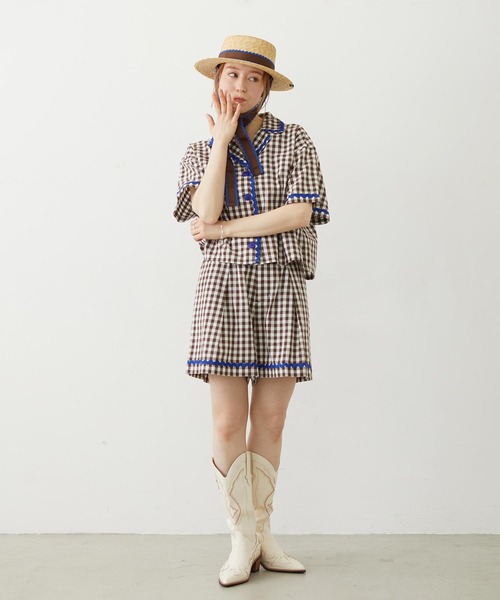 MILKFED.（ミルクフェド）の「TRIMMED GINGHAM CHECK SHIRT（シャツ/ブラウス・レディース・ブラウン/レッド/ブラック・ONE SIZE）」の16枚目の写真