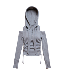 DAMP（ドントアスクマイプラン）の「オフショルダー フードパーカー ロングスリーブ グレー（パーカー）」