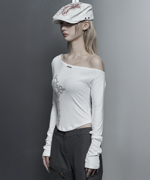 ETRE AU SOMMET（エトレオソメ）の「Lettering Printing One-Shoulder Long Sleeve Top (White)（Tシャツ/カットソー・レディース・ホワイト・FREE）」の2枚目の写真