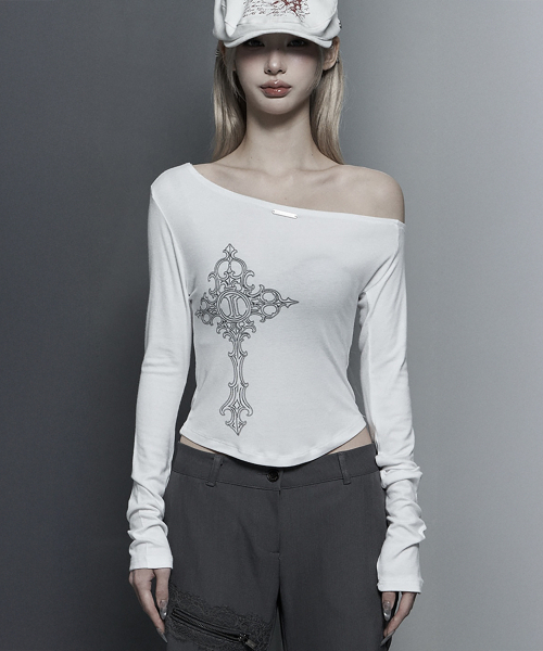 ETRE AU SOMMET（エトレオソメ）の「Lettering Printing One-Shoulder Long Sleeve Top (White)（Tシャツ/カットソー・レディース・ホワイト・FREE）」の4枚目の写真