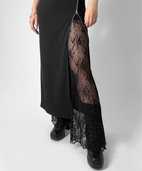 LVEU.(ラブユ.)の「【LVEU.】アシメジップニットロングワンピース / ワンピース ノースリーブ チャイナ風 ジップ アシンメトリー スリット ハイネック モード ブラック(ワンピース・レディース・ブラック・FREE)」の4枚目の写真