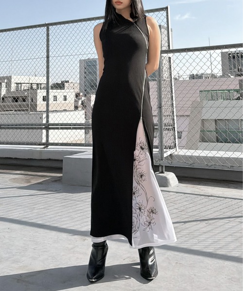 LVEU.(ラブユ.)の「【LVEU.】アシメジップニットロングワンピース / ワンピース ノースリーブ チャイナ風 ジップ アシンメトリー スリット ハイネック モード ブラック(ワンピース・レディース・ブラック・FREE)」の5枚目の写真