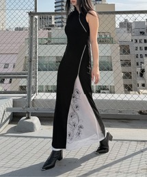 LVEU.（ラブユ.）の「【LVEU.】アシメジップニットロングワンピース / ワンピース ノースリーブ チャイナ風 ジップ アシンメトリー スリット ハイネック モード ブラック（ワンピース）」