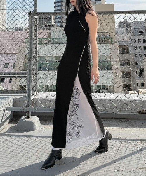 LVEU.(ラブユ.)の「【LVEU.】アシメジップニットロングワンピース / ワンピース ノースリーブ チャイナ風 ジップ アシンメトリー スリット ハイネック モード ブラック(ワンピース・レディース・ブラック・FREE)」の7枚目の写真