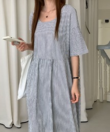 ストライプロングワンピース レディース 半袖 ゆったり フレアワンピ