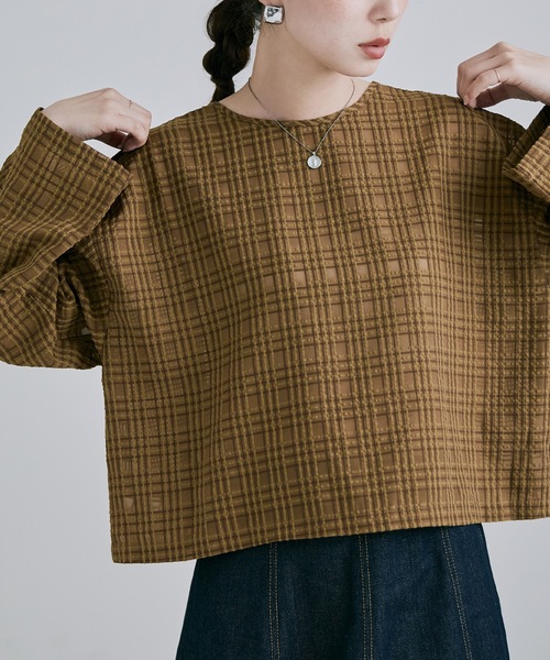 etoll.(エトル)の「2wayチェック柄シアーブラウス(Tシャツ/カットソー・レディース・ホワイト/ネイビー/キャメル・M)」の3枚目の写真