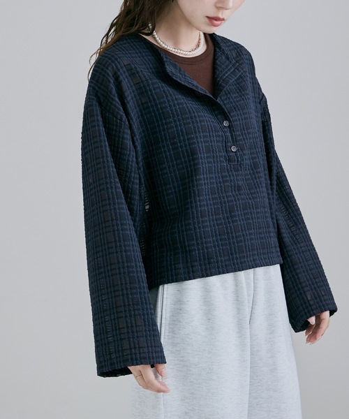 etoll.(エトル)の「2wayチェック柄シアーブラウス(Tシャツ/カットソー・レディース・ホワイト/ネイビー/キャメル・M)」の12枚目の写真