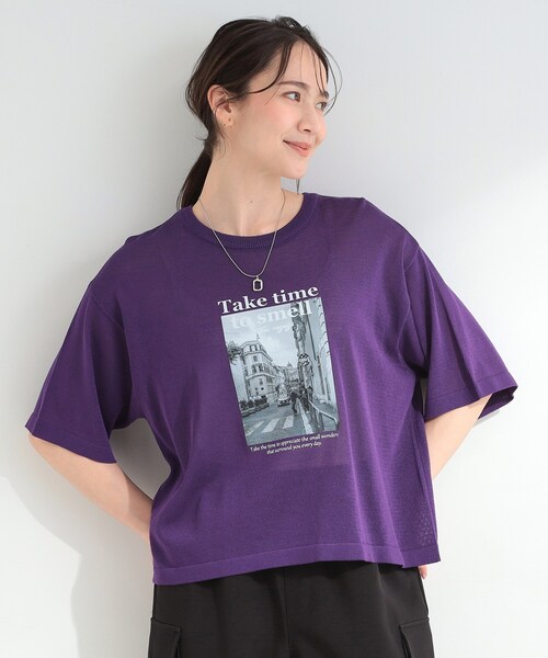 SHOO・LA・RUE（シューラルー）の「【体型カバー】程よい透け感 デザインアソート 5分袖シアーニット（ニット/セーター・レディース・ブラック系1/パープル系2/ホワイト系3/ブラウン系1・00）」の8枚目の写真