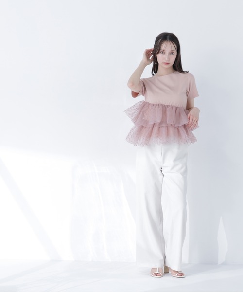 NATURAL BEAUTY BASIC（ナチュラルビューティーベーシック）の「【追加生産予約】カットドビーティアードカットソー（Tシャツ/カットソー・レディース・ピンクベージュ/ブラック・ﾌﾘ-）」の3枚目の写真