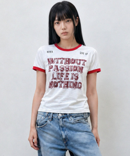 DAMISH(ダミシュ)の「ヴィンテージレタリングリンガーTシャツ_レッド(Tシャツ/カットソー・レディース・レッド・1/2)」の1枚目の写真