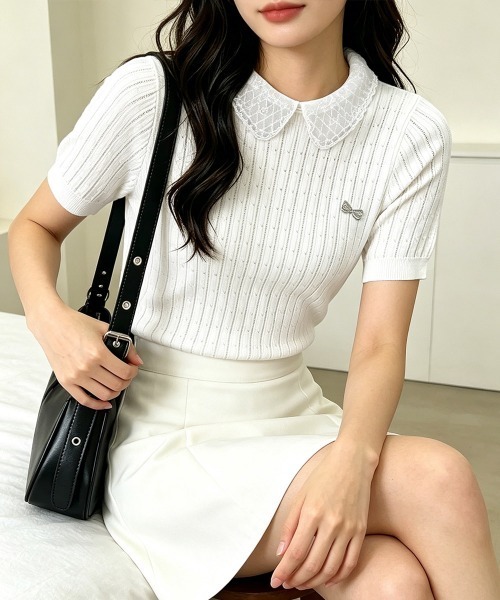 Miniministore(ミニミニストア)の「レース襟付きニットトップス フェミニン(Tシャツ/カットソー・レディース・グレー/ブラック/ホワイト/ベージュ・FREE)」の2枚目の写真