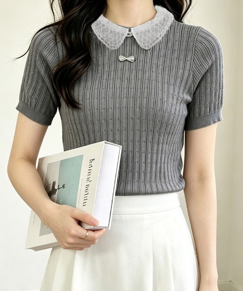 Miniministore(ミニミニストア)の「レース襟付きニットトップス フェミニン(Tシャツ/カットソー・レディース・グレー/ブラック/ホワイト/ベージュ・FREE)」の5枚目の写真