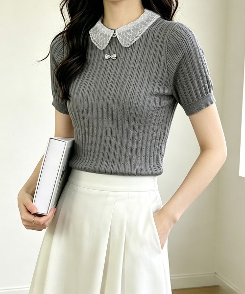 Miniministore(ミニミニストア)の「レース襟付きニットトップス フェミニン(Tシャツ/カットソー・レディース・グレー/ブラック/ホワイト/ベージュ・FREE)」の6枚目の写真