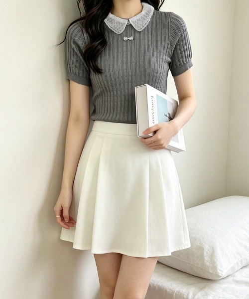 Miniministore(ミニミニストア)の「レース襟付きニットトップス フェミニン(Tシャツ/カットソー・レディース・グレー/ブラック/ホワイト/ベージュ・FREE)」の8枚目の写真